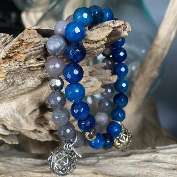 💙Set/2 Beaded Gem Stone Stretch Bracelets Blue/Grey - Picture 1 of 8
